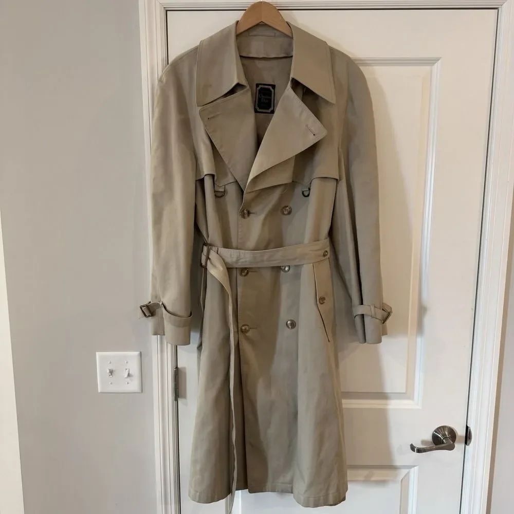 Vintage Christian Dior Beige Tan Double Breasted Men's Trench Coat Jacket 44L